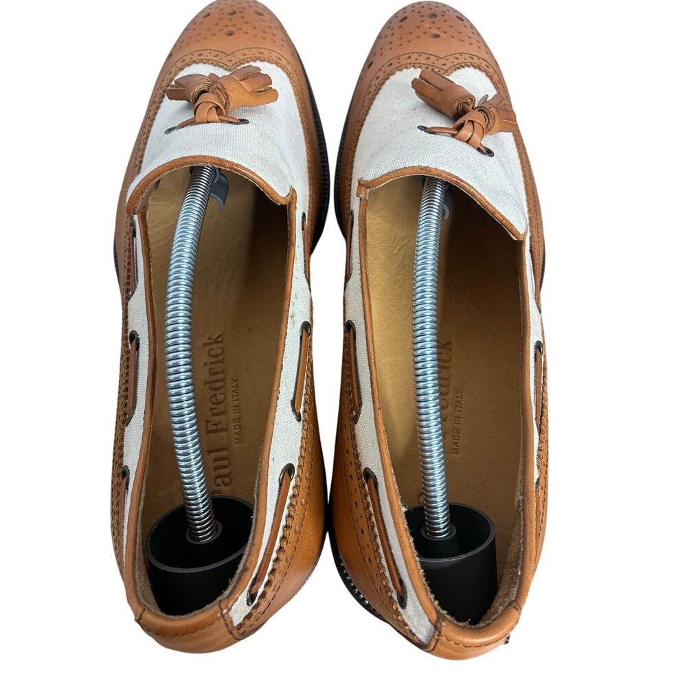 Paul Frederick Men's Size 9M Two Tone Leather Canvas Italian Tasseled Loafer - Picture 8 of 14